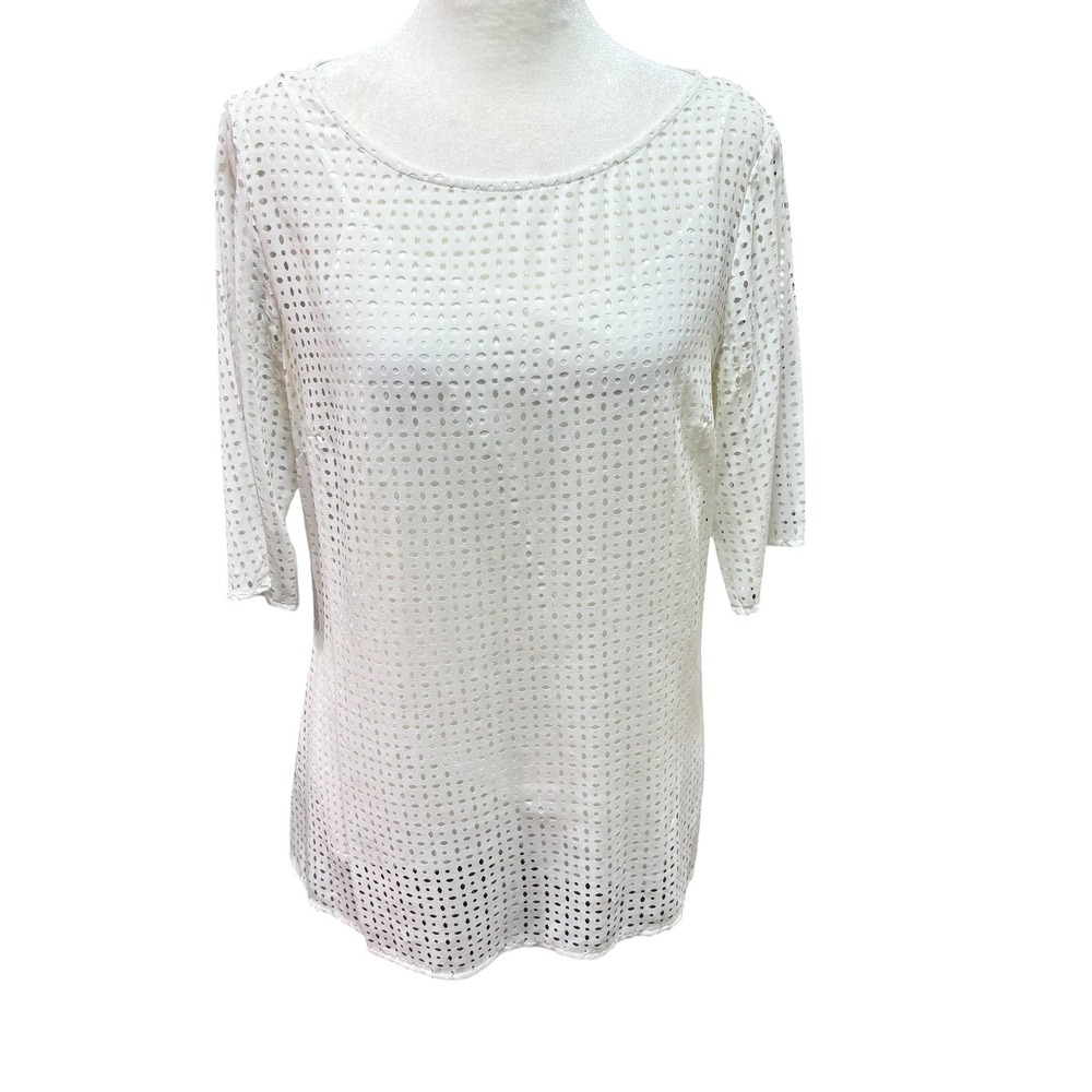 Ann Taylor Loft White Laser Cut Eyelet Elbow Sleeve Blouse Keyhole Back Top #80